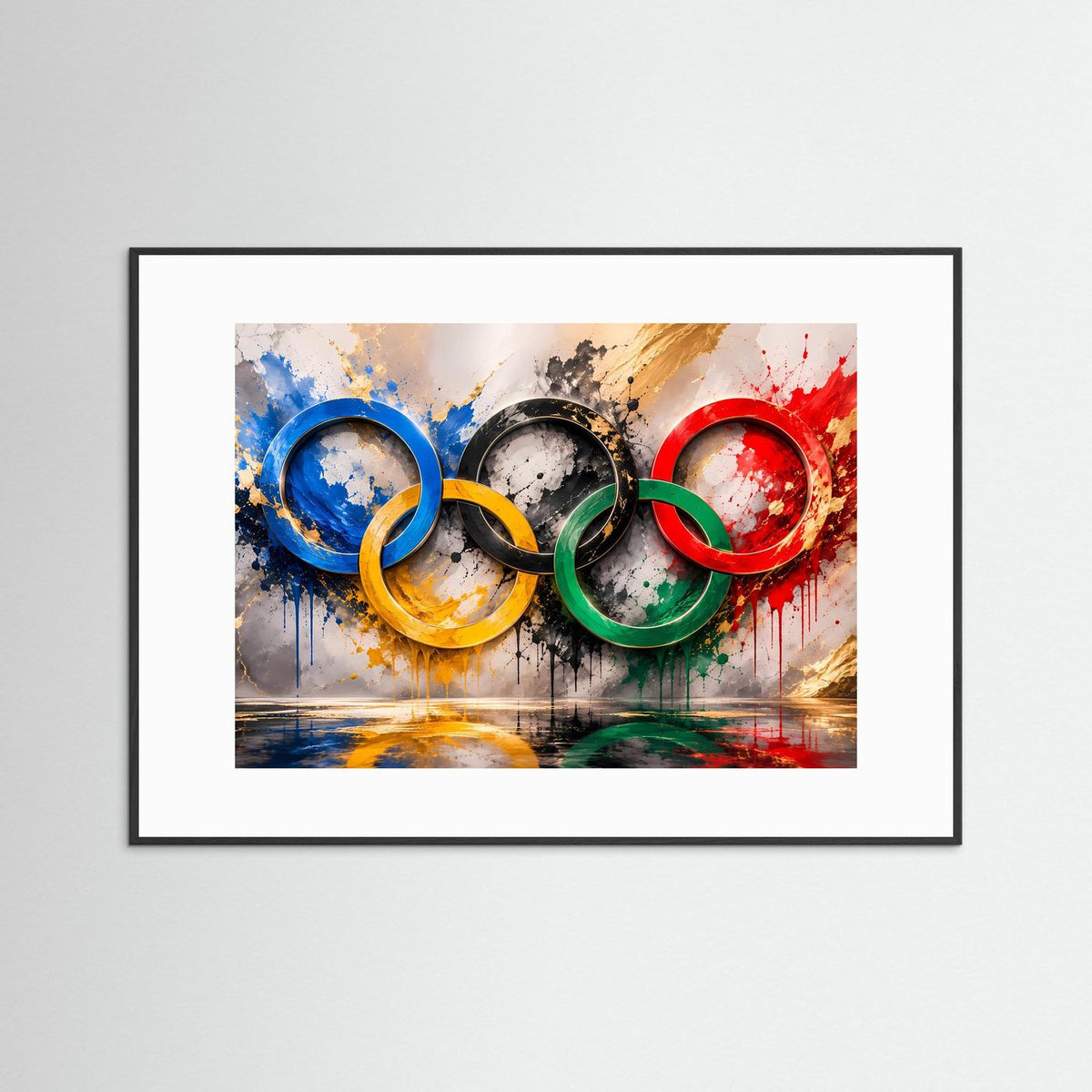 Gerahmtes Querformat-Poster mit abstrakten olympischen Ringen in Blau, Gelb, Grün und Rot