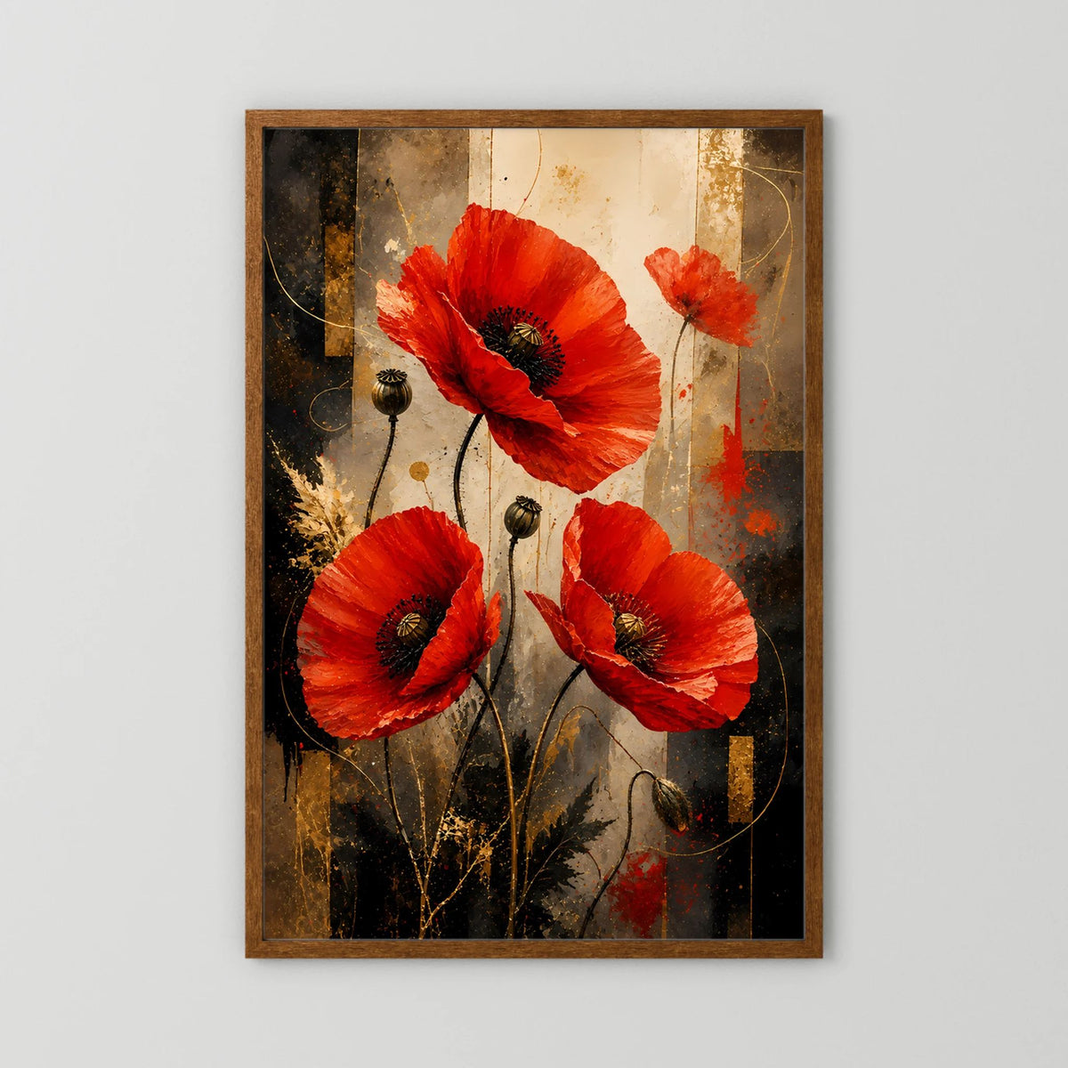 Roter Mohn in Gold & Schwarz | Elegante florale Kunst | Poster Hochformat