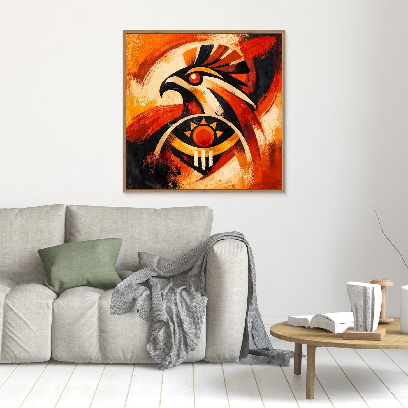 Wandbild mit abstraktem Falkenmotiv und Sonnensymbol, braun gerahmt, orange-schwarz