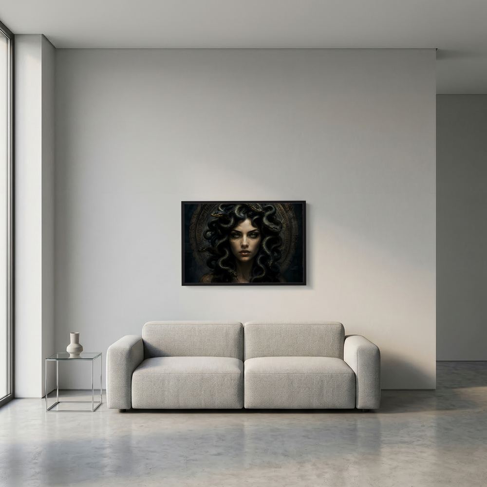 Gerahmtes Querformat-Poster mit Medusa-Porträt: Frau mit schwarzer Lockenmähne und goldenen Akzenten