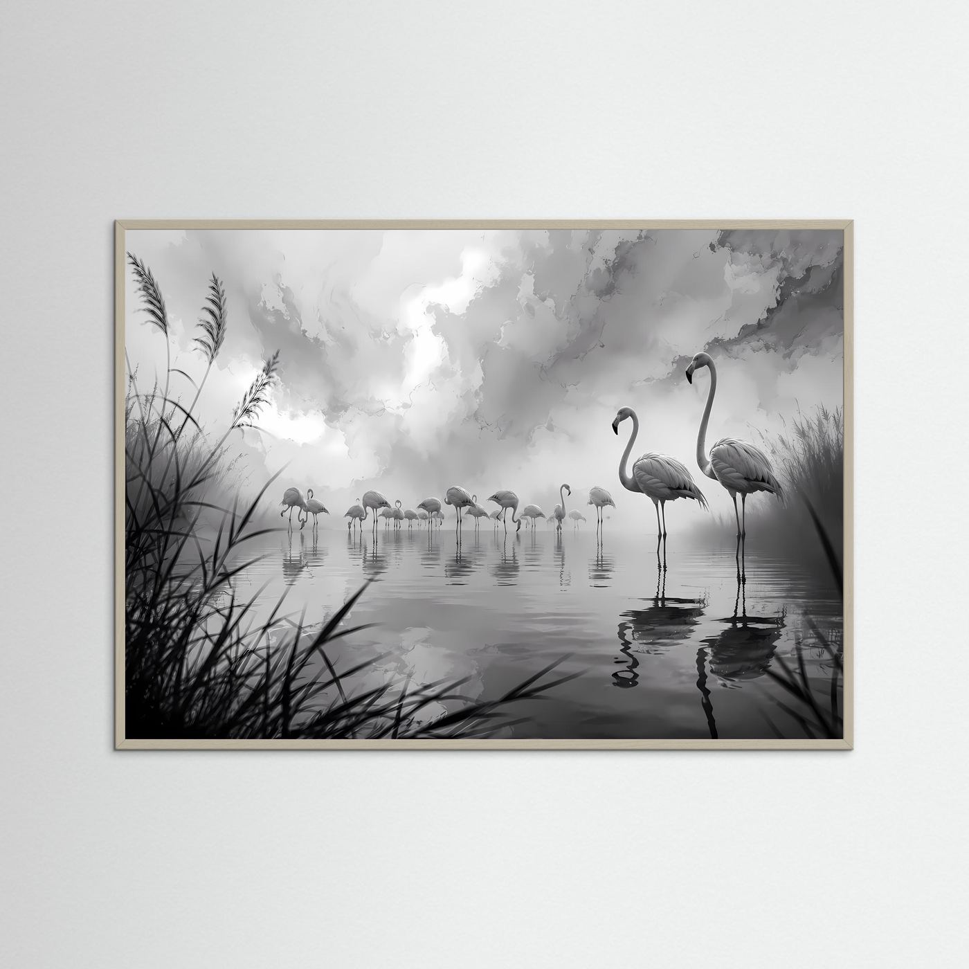 Flamingos im Nebel Schwarz-Weiß | Elegante Natur Wandkunst