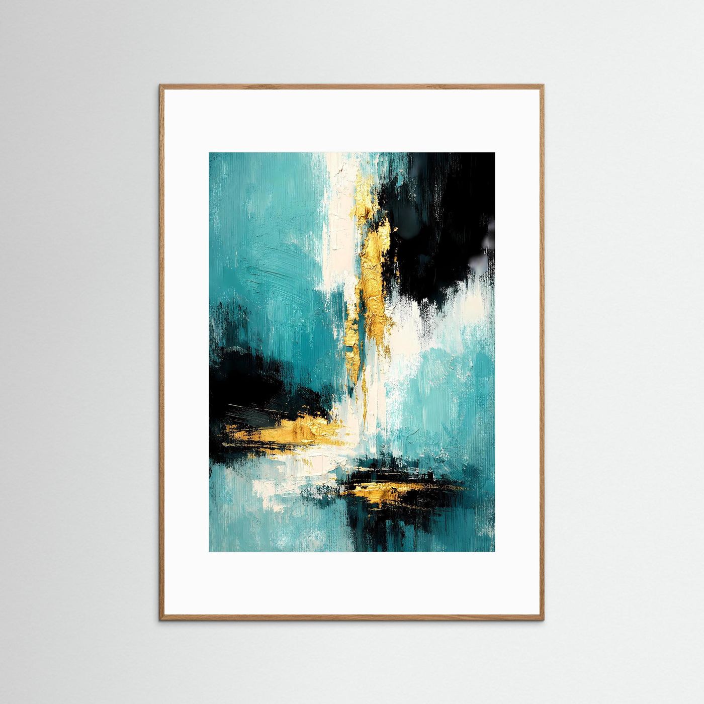 Abstraktes Acrylposter Hochformat, türkis-blau mit Goldakzenten, hellbrauner Holzrahmen