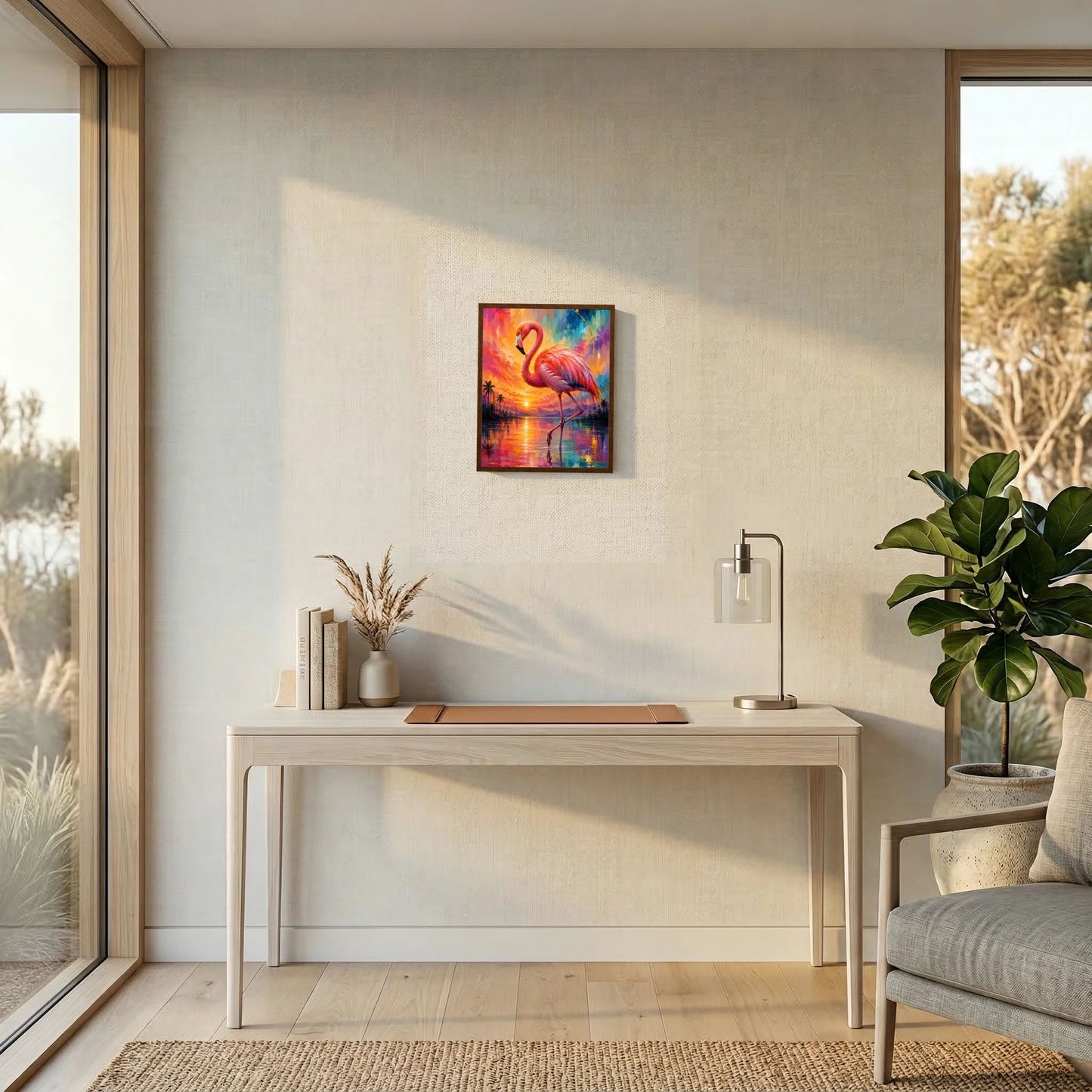 Kunstposter mit Flamingo in Pink und Türkis an Sonnenuntergangslandschaft mit Reflexion