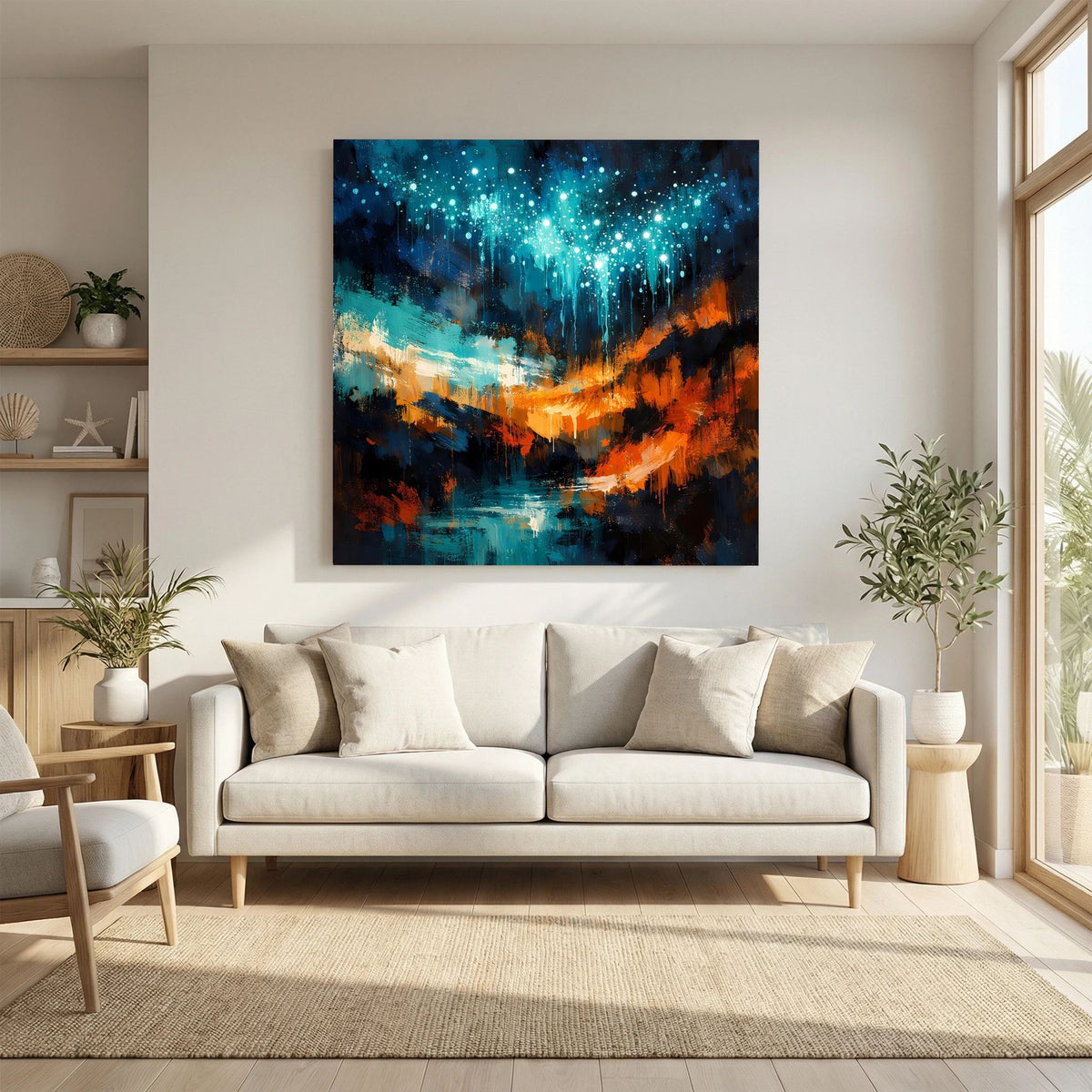 Abstraktes Wandbild mit sternenähnlichen blauen Punkten, orangeem Horizont und Wasserfläche