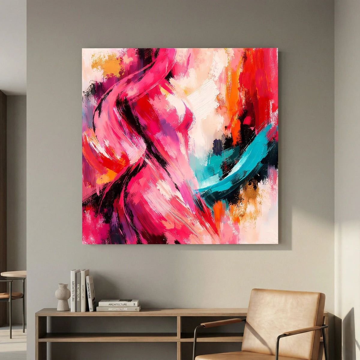 Leinwandbild mit abstrakter Silhouette aus Pinselstrichen in Pink, Rot und Blaugrün