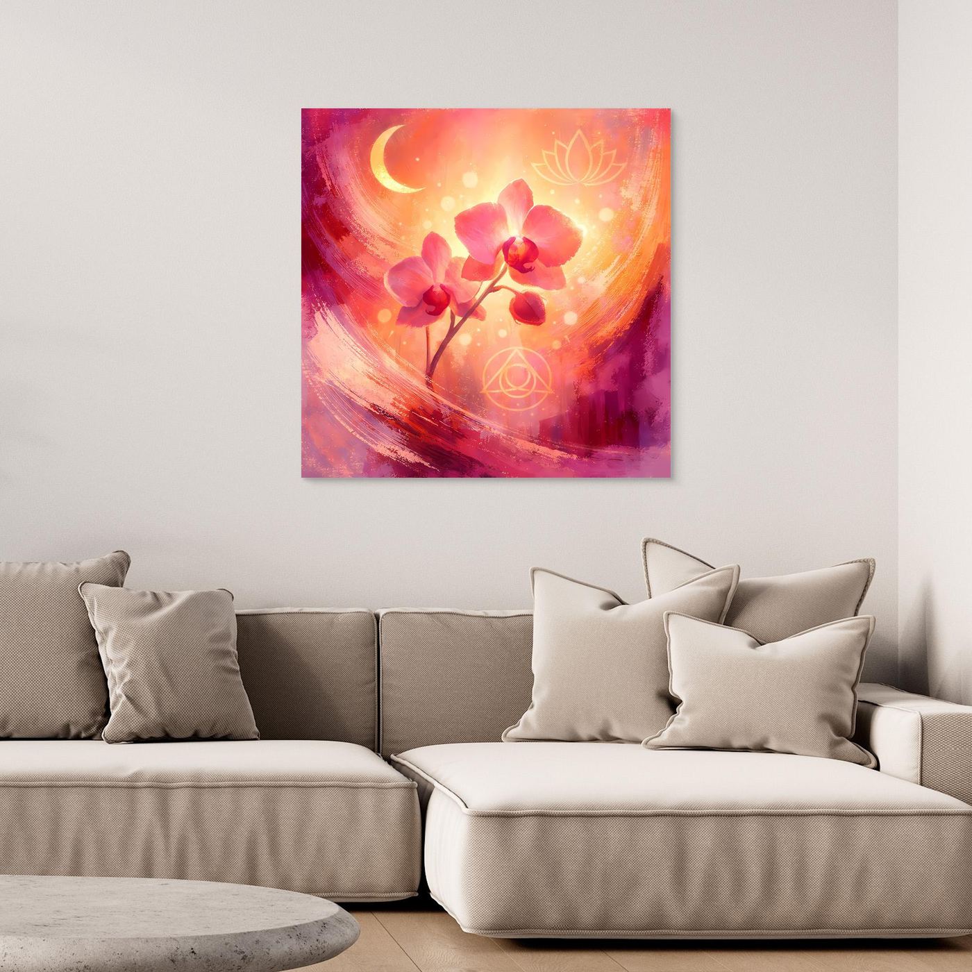 Abstraktes Leinwand-Wandbild mit pinker Orchidee, Mondsichel und Kreislinien