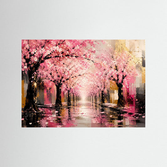 Abstrakter Kunstprint mit Kirschblütenallee, rosa Blüten und Spiegelung, ohne Rahmen