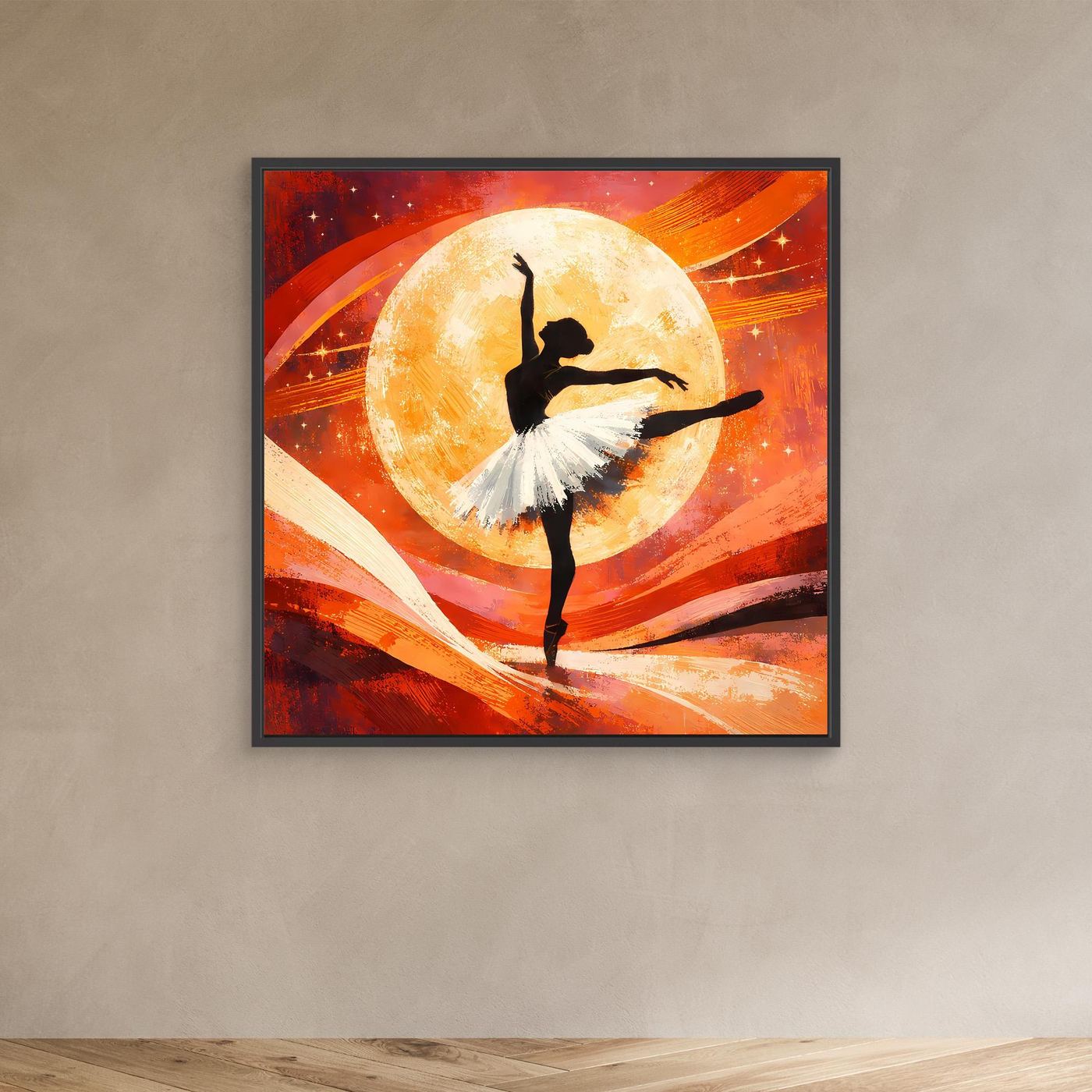 Leinwandbild mit Ballerina-Silhouette vor gelber Mondsichel, schwarzer Rahmen, an der Wand