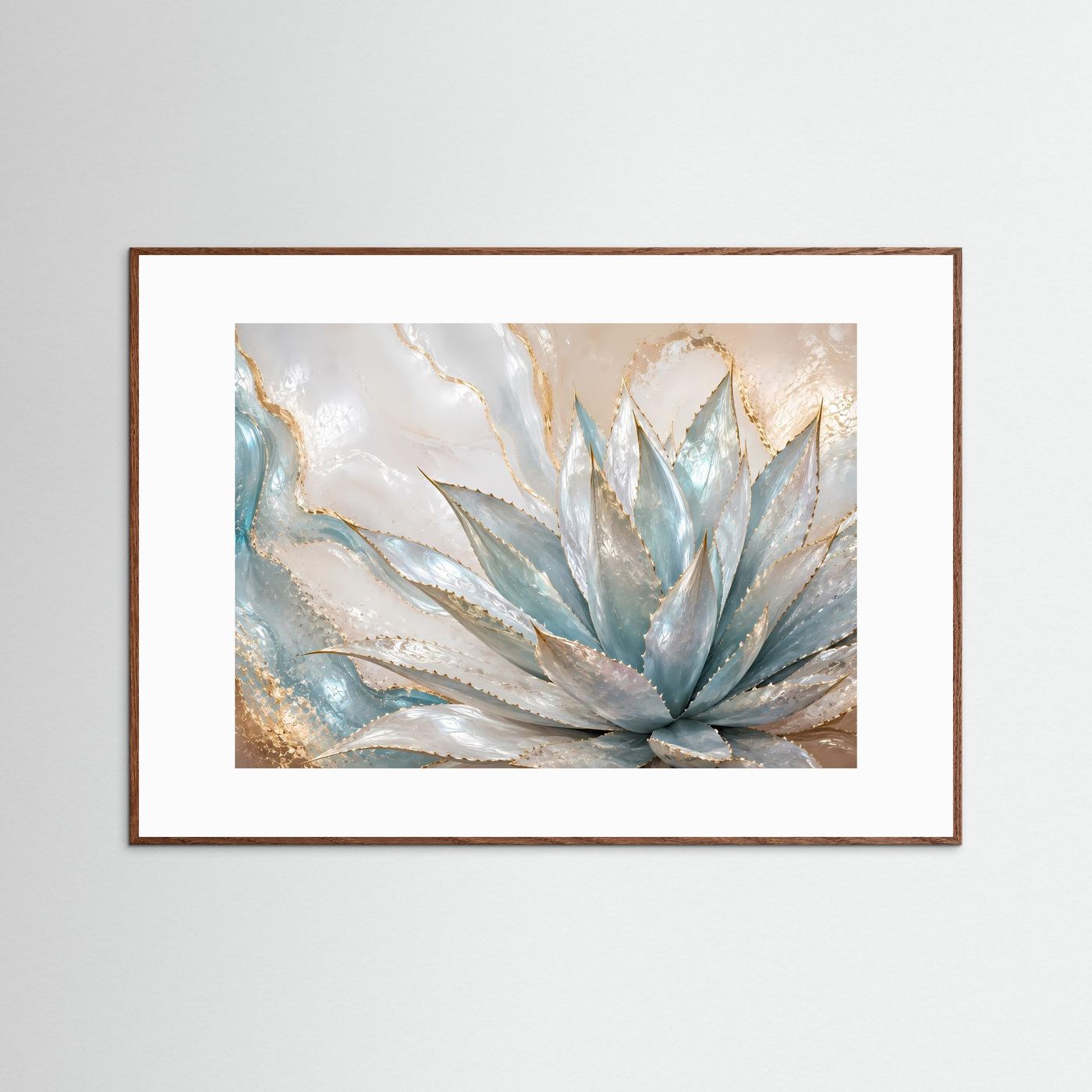 Poster mit abstrakter Agave in Blau, mit braunem Holzrahmen im Querformat