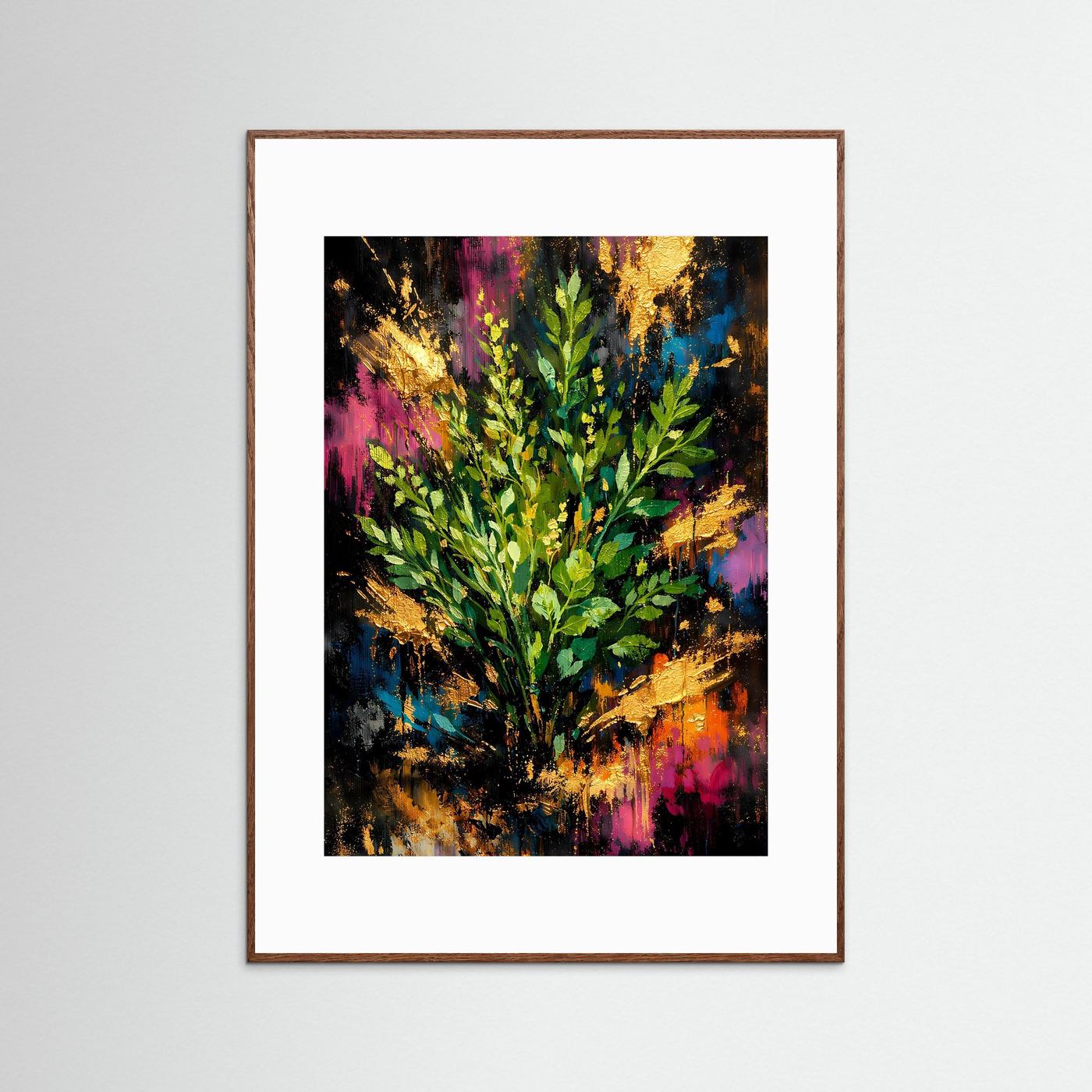 Abstraktes Eukalyptus-Poster im Hochformat, grüne Blätter mit bunten Farbspritzern, brauner Rahmen
