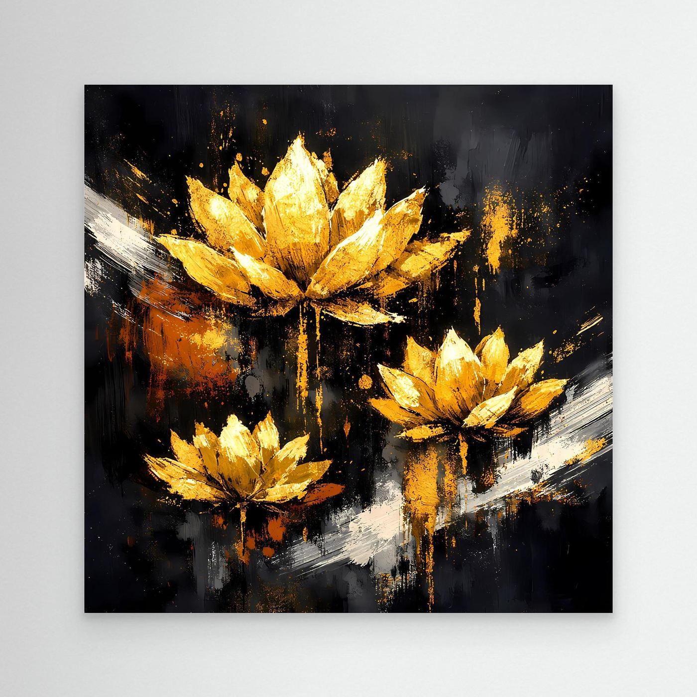 Leinwand Edle Lotusblüten in Gold und Schwarz | Modernes Florales Luxus Wandbild