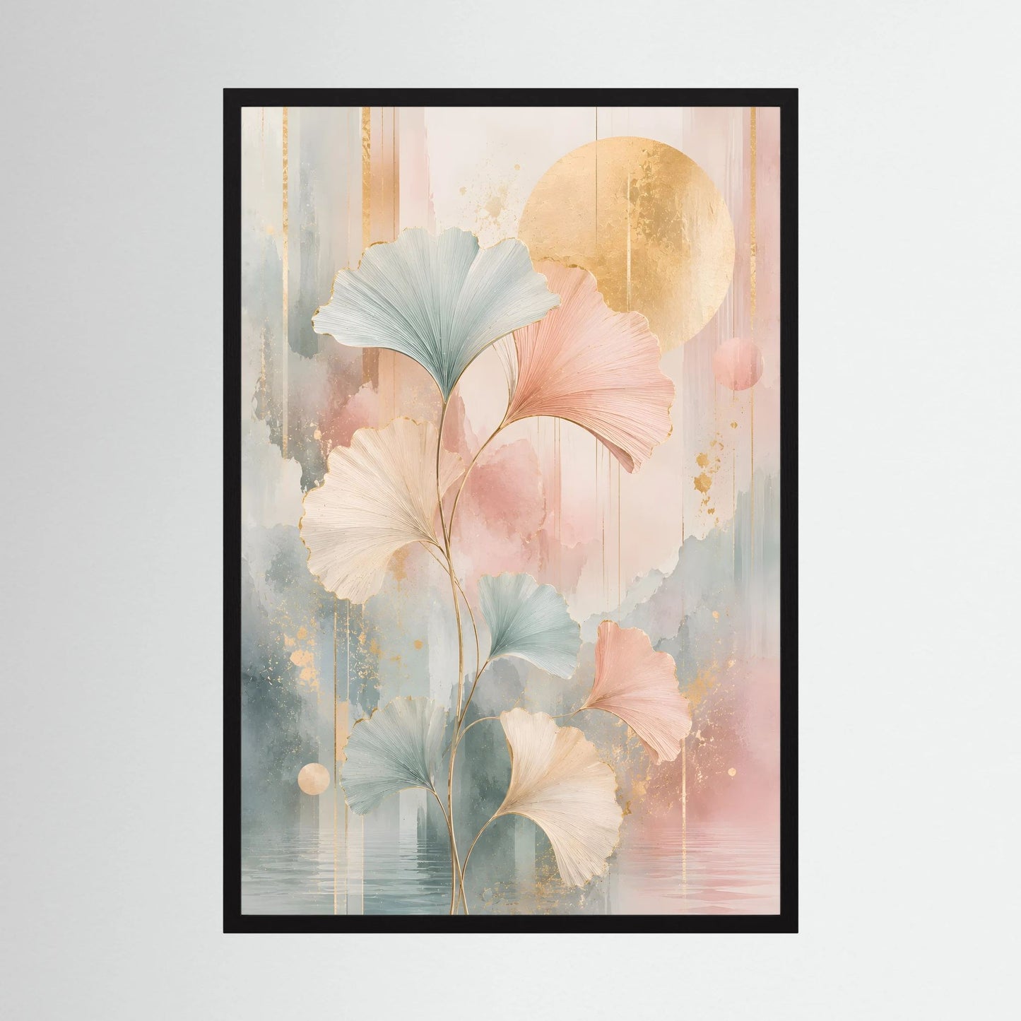 Kunstposter im Hochformat mit pastelligen Blättern in Rosa, Salbeigrün und Gold, schwarz gerahmt
