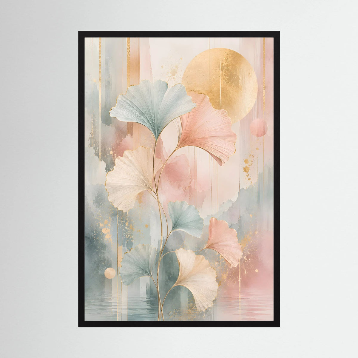 Kunstposter im Hochformat mit pastelligen Blättern in Rosa, Salbeigrün und Gold, schwarz gerahmt