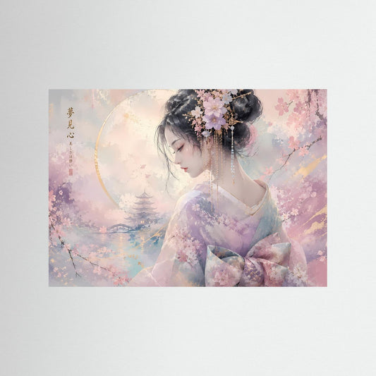 Sakura-Wandbild: Frau im Pastell, Kirschblüten im Haar, zarte Landschaft