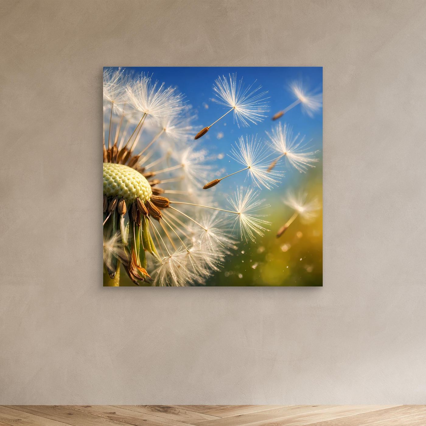 Leinwandbild mit Makro-Pusteblume und fliegenden Löwenzahnsamen, leuchtende Farben