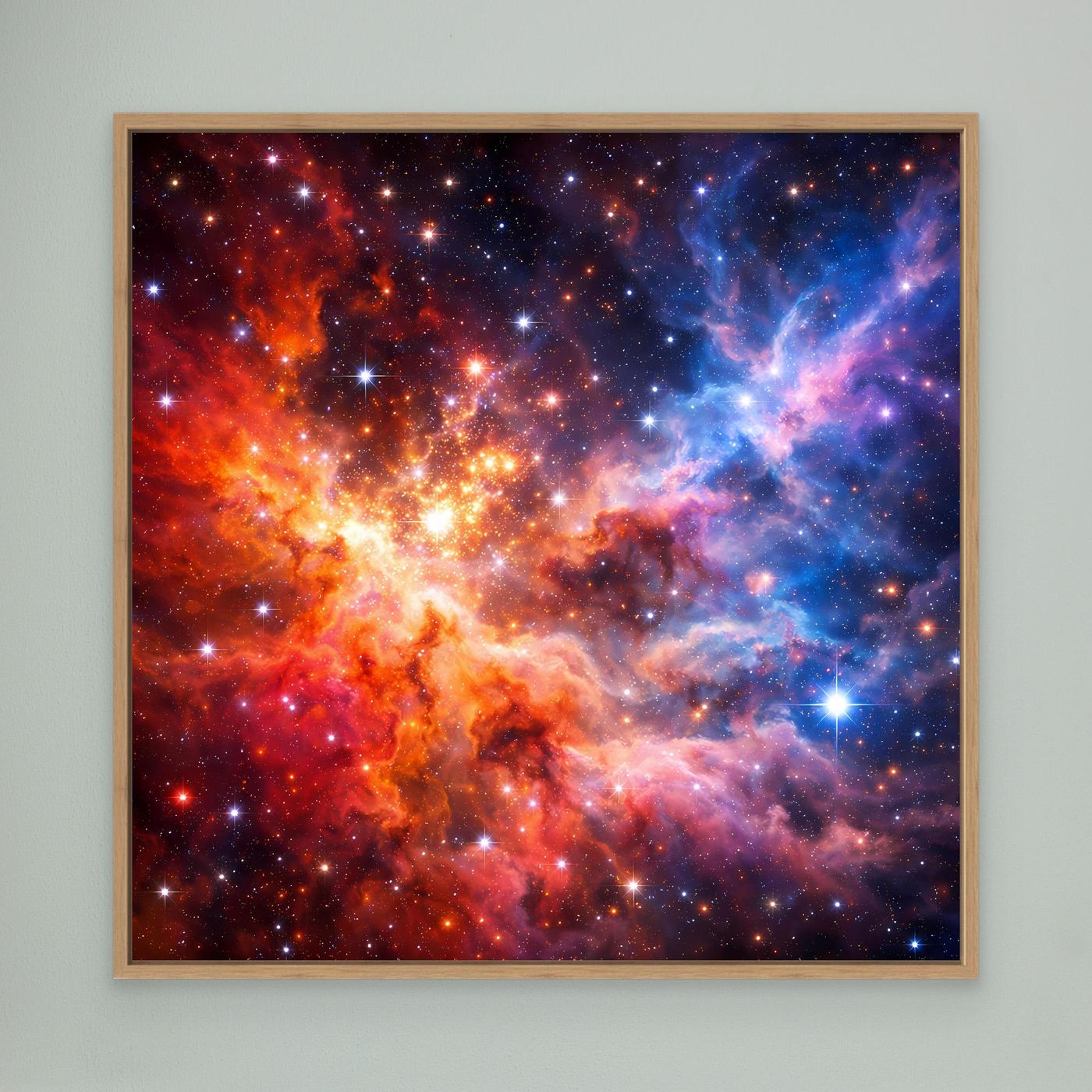Leinwandbild mit buntem kosmischem Nebel und Sternen, rechteckig, Eichenrahmen, Nahansicht