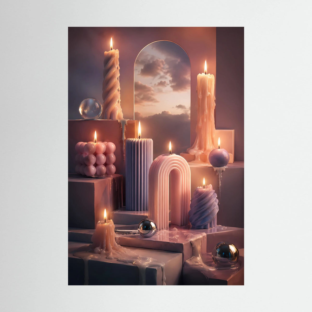 Hochformat-Poster mit Kerzenszene in Pastellrosa, vielen brennenden Säulen- und Blockkerzen