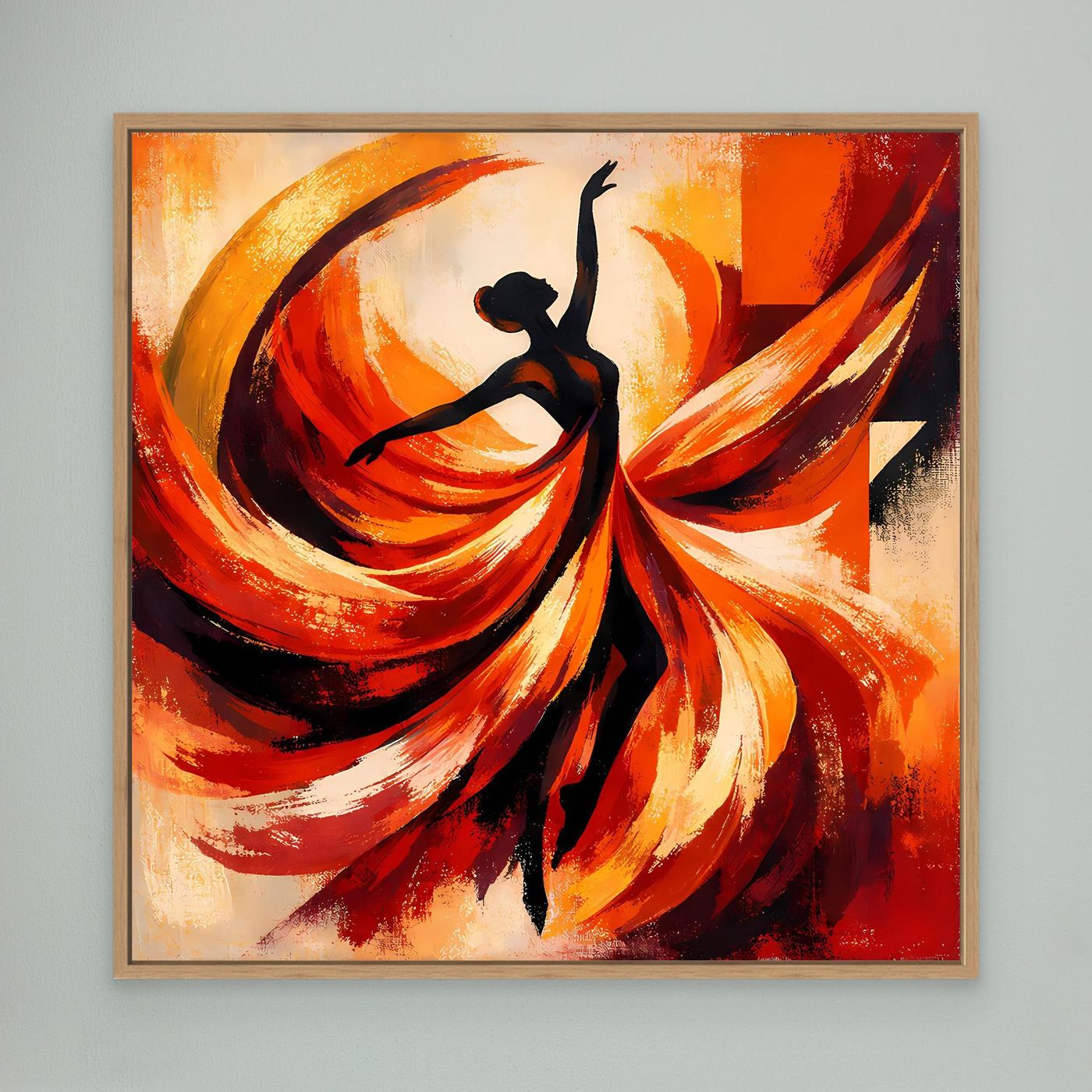 Leinwandbild mit abstrakter Ballerina-Silhouette und feurigen Rot-Orange-Wirbeln im hellen Rahmen