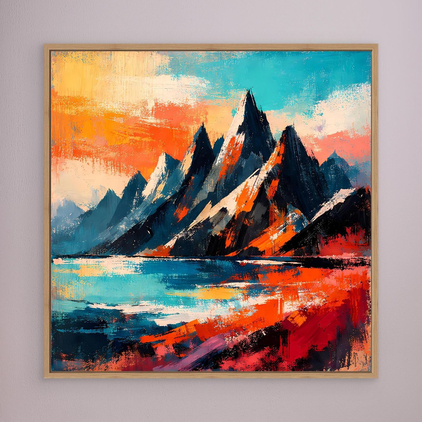 Abstraktes Leinwand-Wandbild mit Bergsilhouetten und Wasserlauf, kräftige Orange- und Blautöne, braun gerahmt