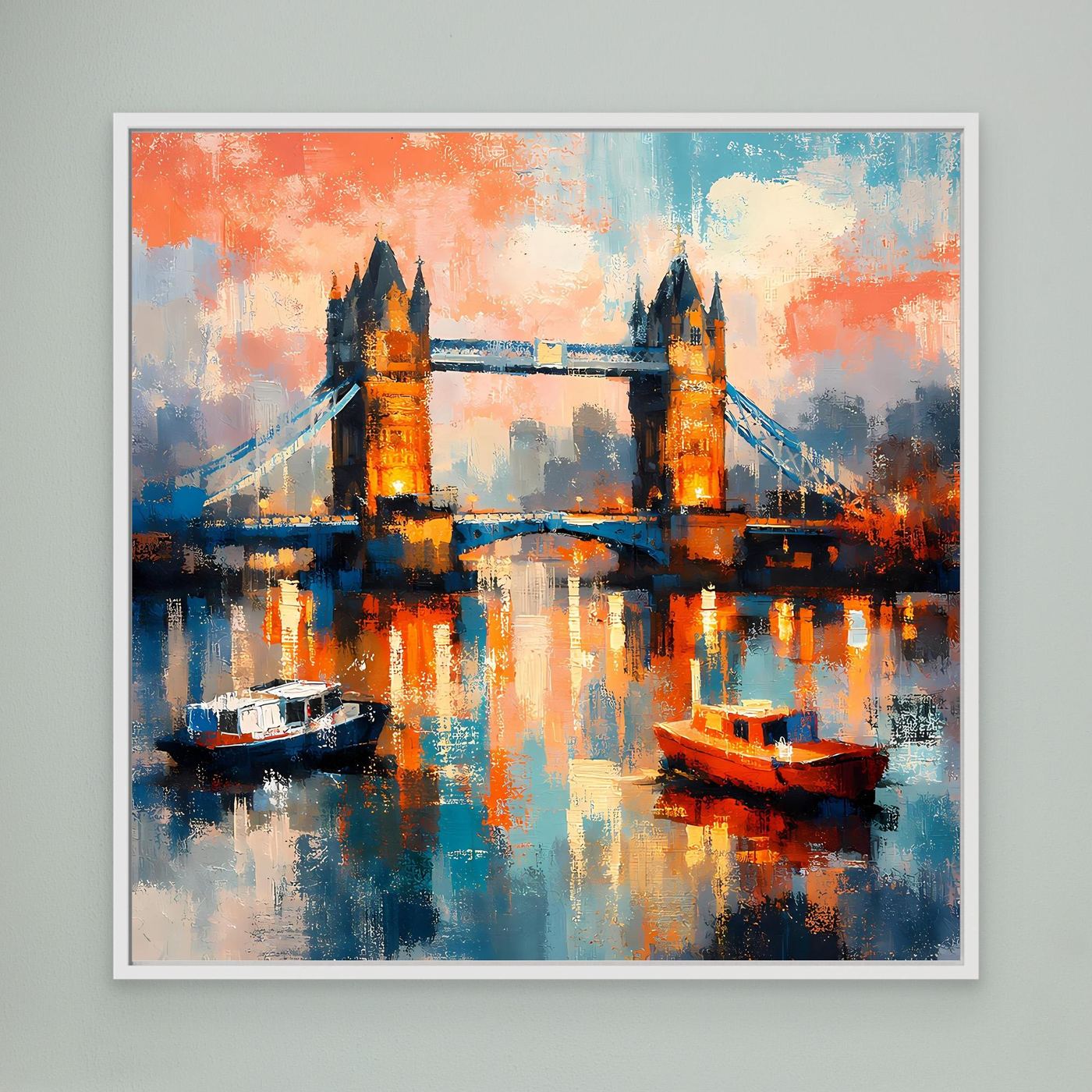 Abstraktes Leinwand-Wandbild mit Tower Bridge und Spiegelung, silberner Rahmen