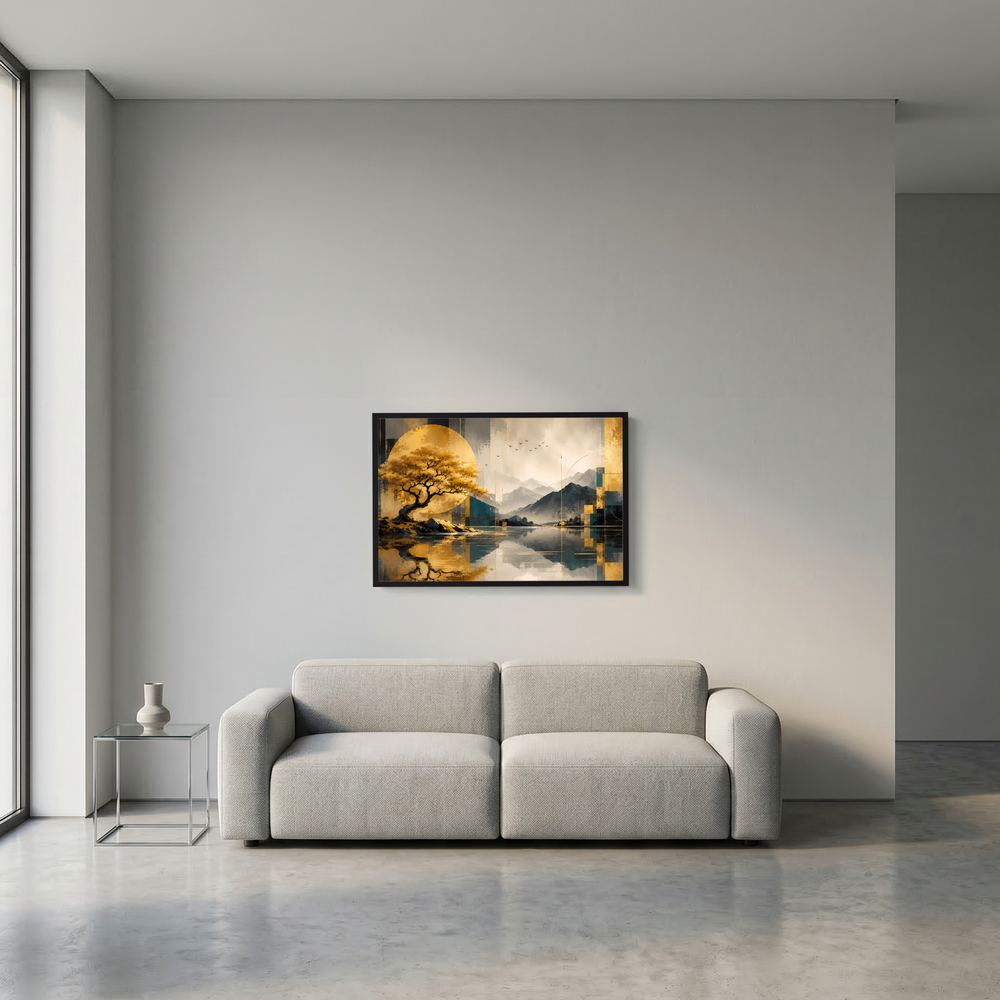 Kleiner gerahmter Kunstdruck mit goldenem Baum über Bergsee, goldene Akzente
