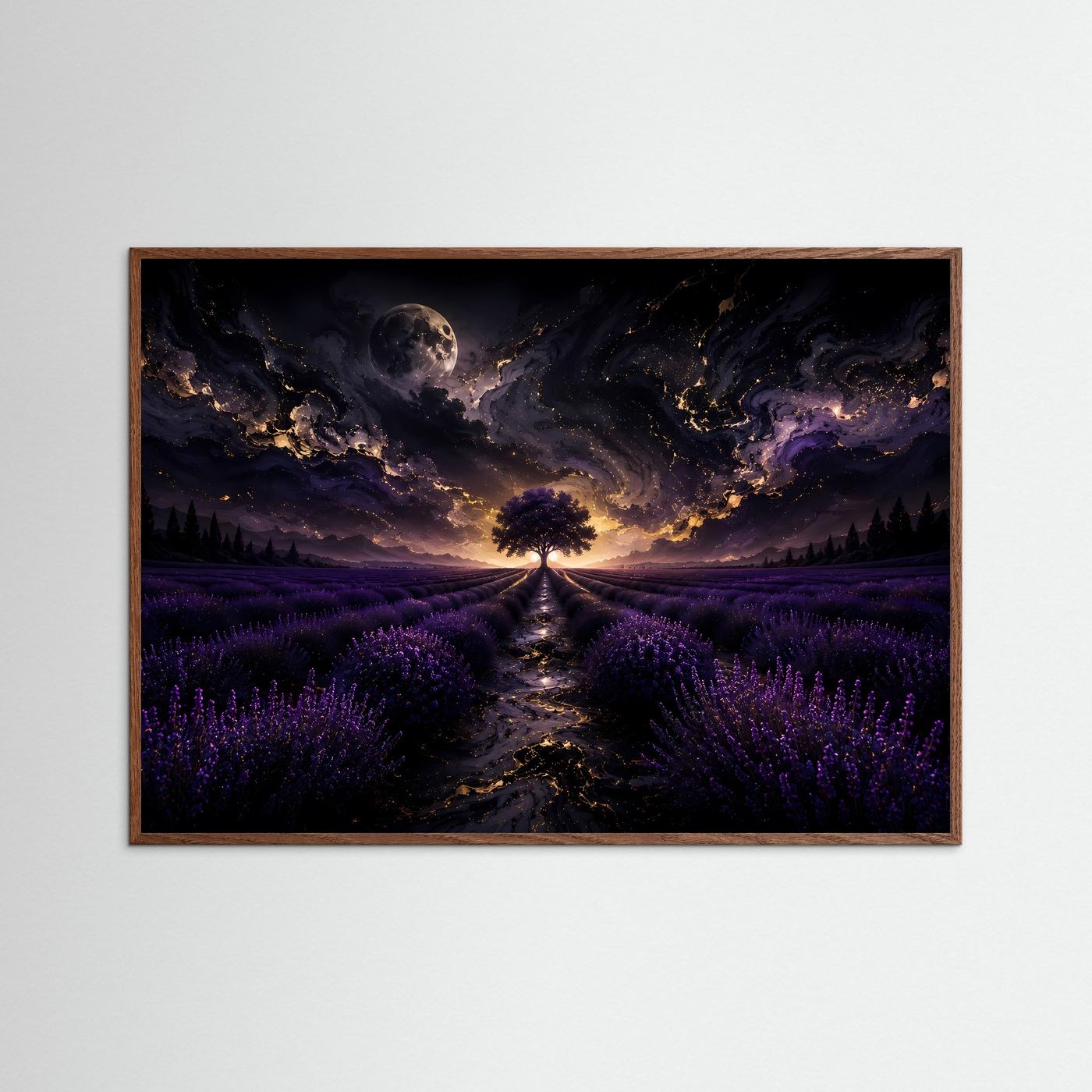 Lavendelfeld Wandbild Nacht | Mystischer Baum unter Mond | Fantasy Landschaft Poster | Lila Leinwandbild | Abstrakte Fine Art Wandkunst
