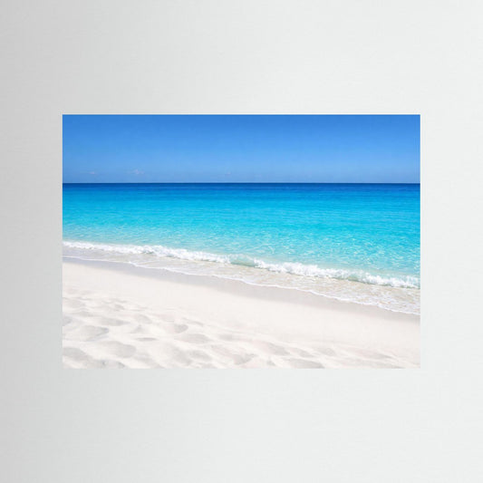 Strandfoto-Poster im Querformat mit blauer Umrandung, Meer und weißem Sand