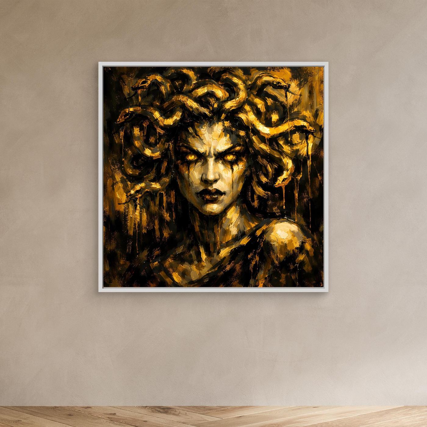 Leinwand Goldene Medusa in düsterer Optik | Modernes Mythologie Wandbild Luxus