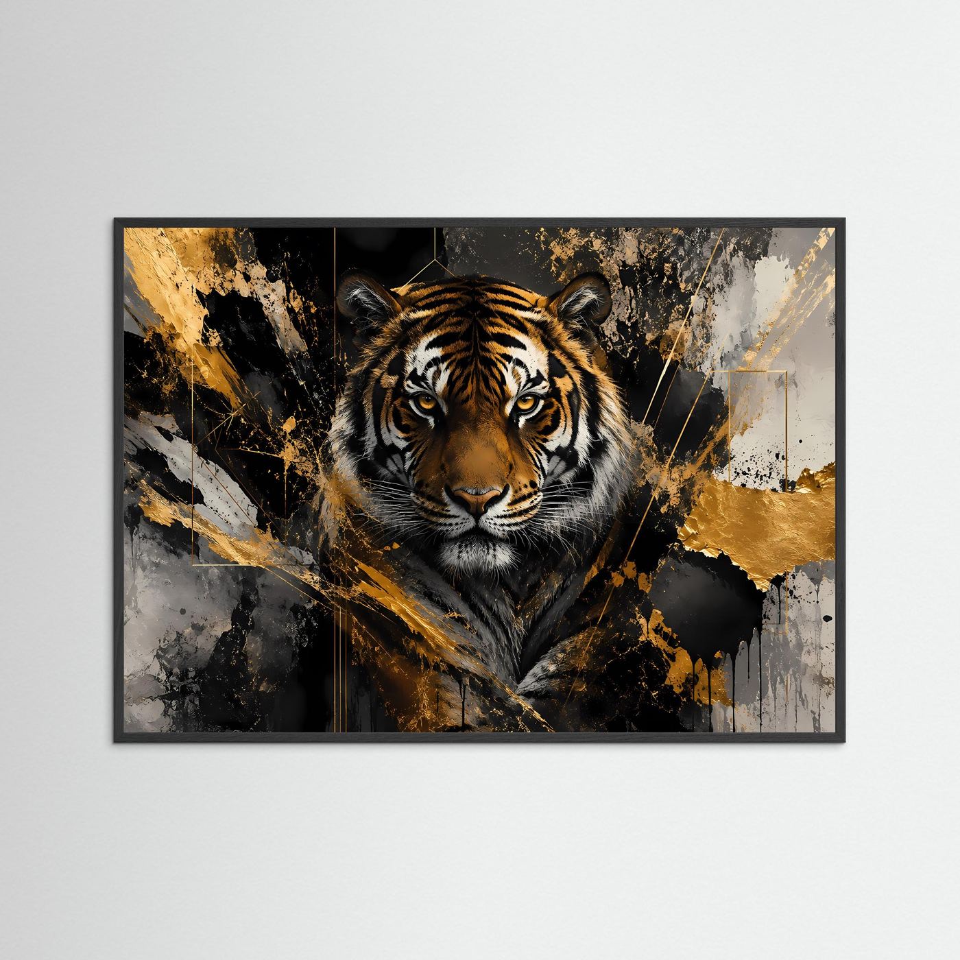 Tiger-Kunstposter mit goldenen Spritzakzenten, im schwarzen Rahmen