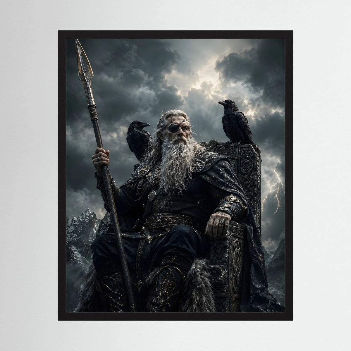 Gerahmtes Wikinger-Poster (Hochformat): Krieger mit Speer und Raben, Schwarz-Gold.