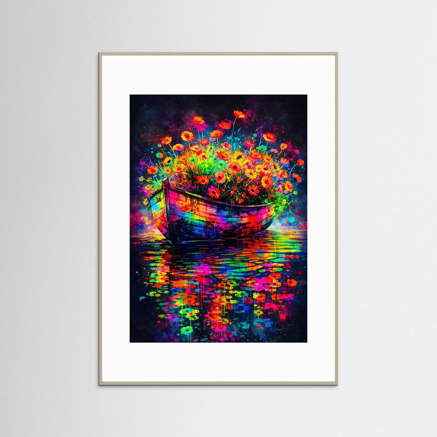Kunstposter: abstraktes Neon-Blumenboot mit Blumen und Spiegelung, grauer Holzrahmen.