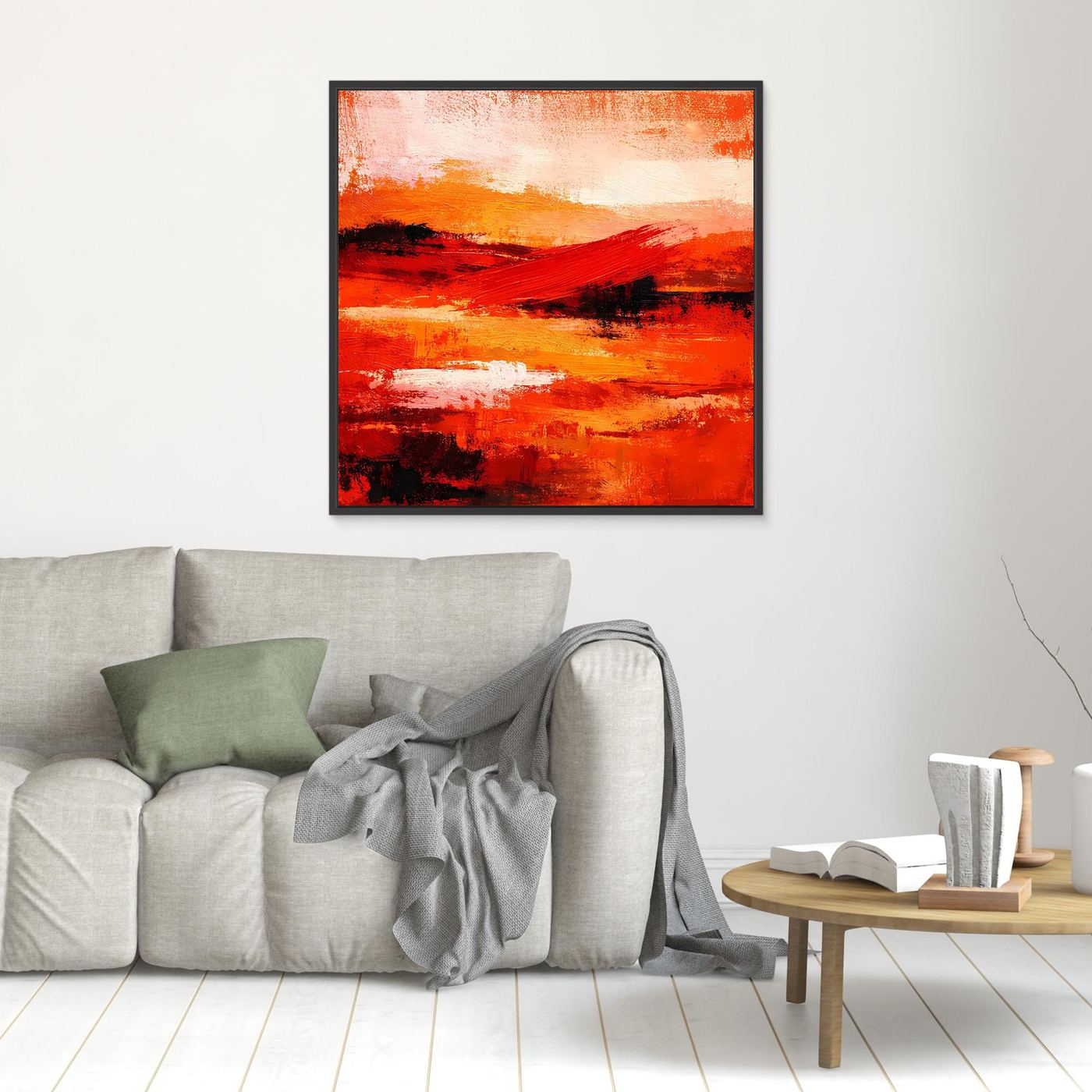 Quadratisches Wandbild aus Leinwand mit abstrakten Rot-Orange-Tönen und schwarzen Akzenten, mit schwarzem Rahmen