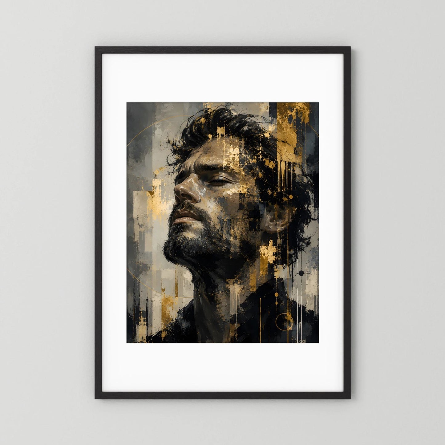 Kunstposter im Hochformat: abstraktes Männerporträt in Schwarz, Grau & Gold, schwarzer Rahmen