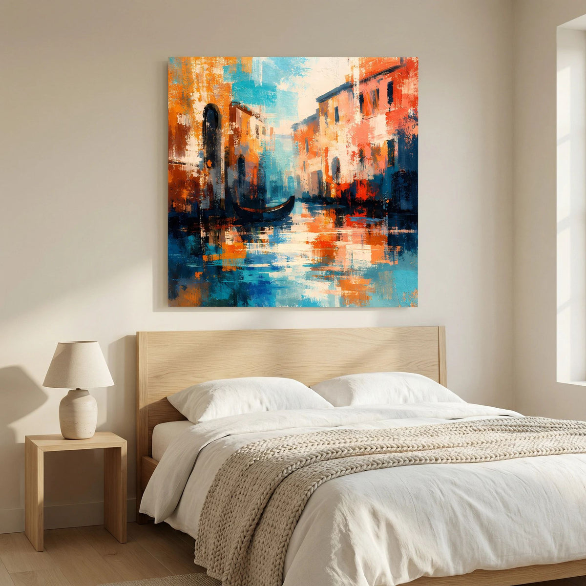 Abstraktes Leinwand-Wandbild mit Gondel im Wasser, orange und blau in abstrakten Streifen.