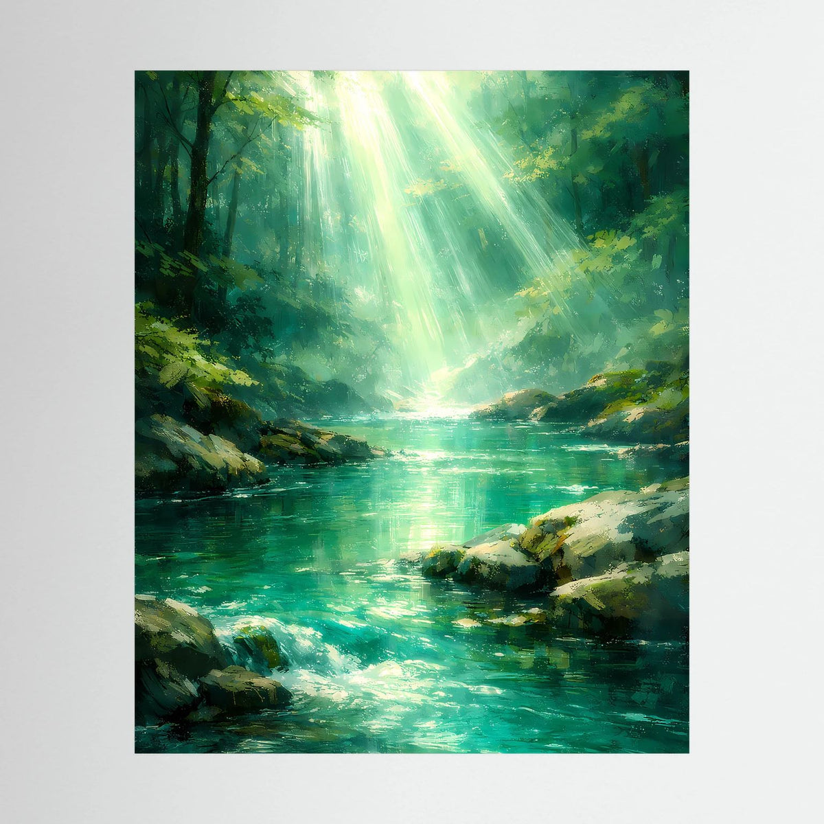 Wandbild mit leuchtendem Fluss im grünen Wald und Lichtstrahlen, hochformatig