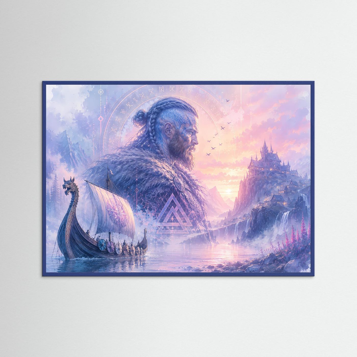 Mystischer Wikinger vor Nordischer Burg | Fantasy Viking Poster Querformat