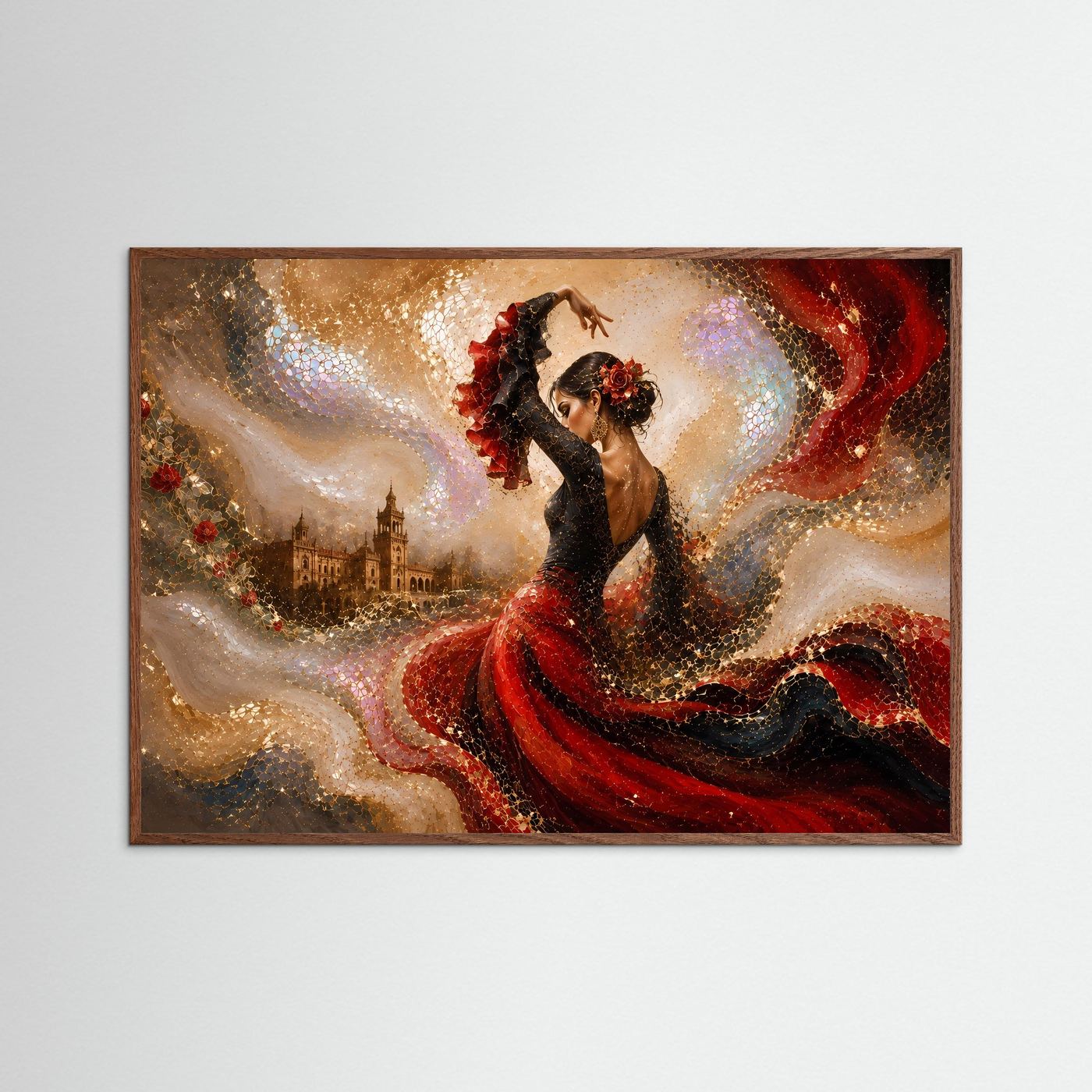 Gerahmte Flamenco-Wandkunst: Tänzerin in schwarzem Kleid mit rotem Fächerrock, dunkler Eichenrahmen.