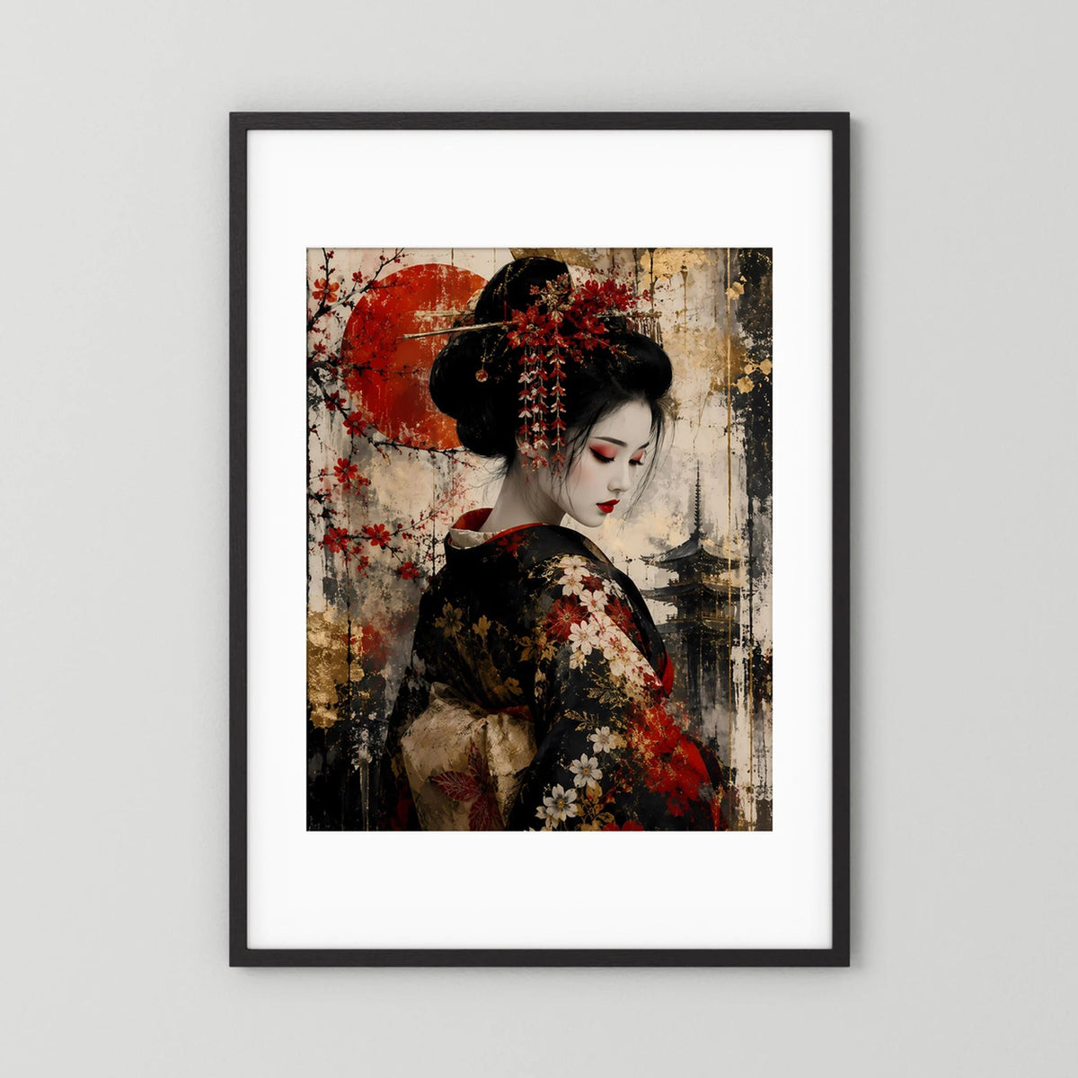 Poster mit schwarzem Rahmen: Frau im dunklen Kimono, rote Blüten und goldfarbene Details.