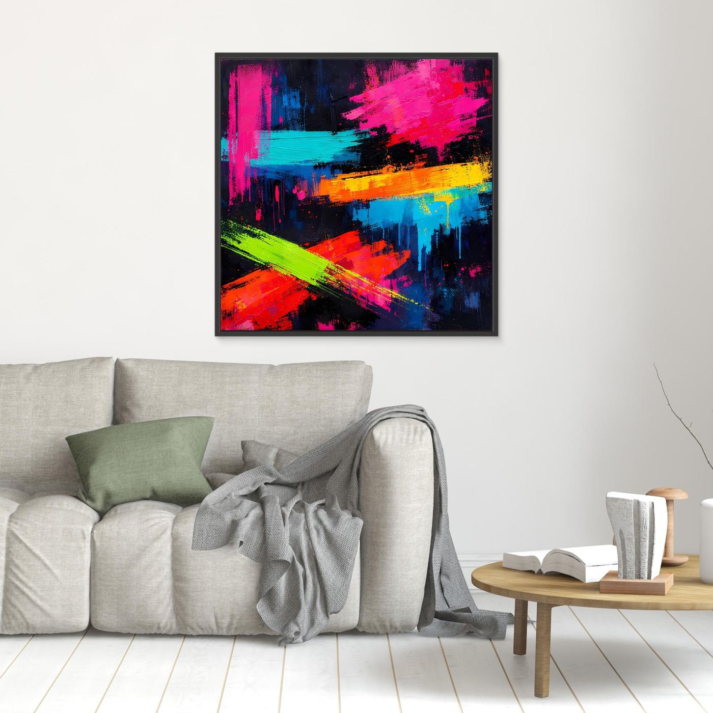 Kleines abstraktes Leinwand-Wandbild mit schwarzem Rahmen, neonfarbene Pinselstriche in Pink und Blau