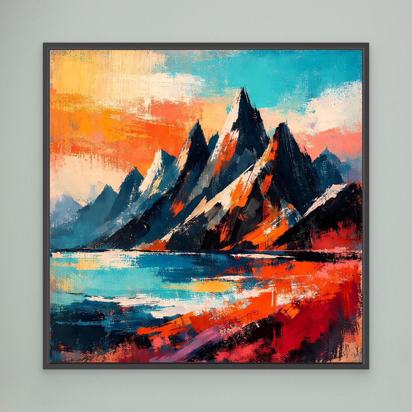 Abstraktes Leinwand-Wandbild mit Bergen und Wasserlauf, kräftige Orange- und Blautöne, schwarz gerahmt