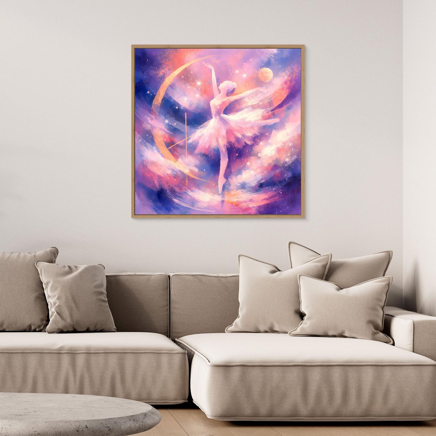 Gerahmtes Leinwandbild mit tanzender Ballerina in pastellfarbenem Sternenhimmel