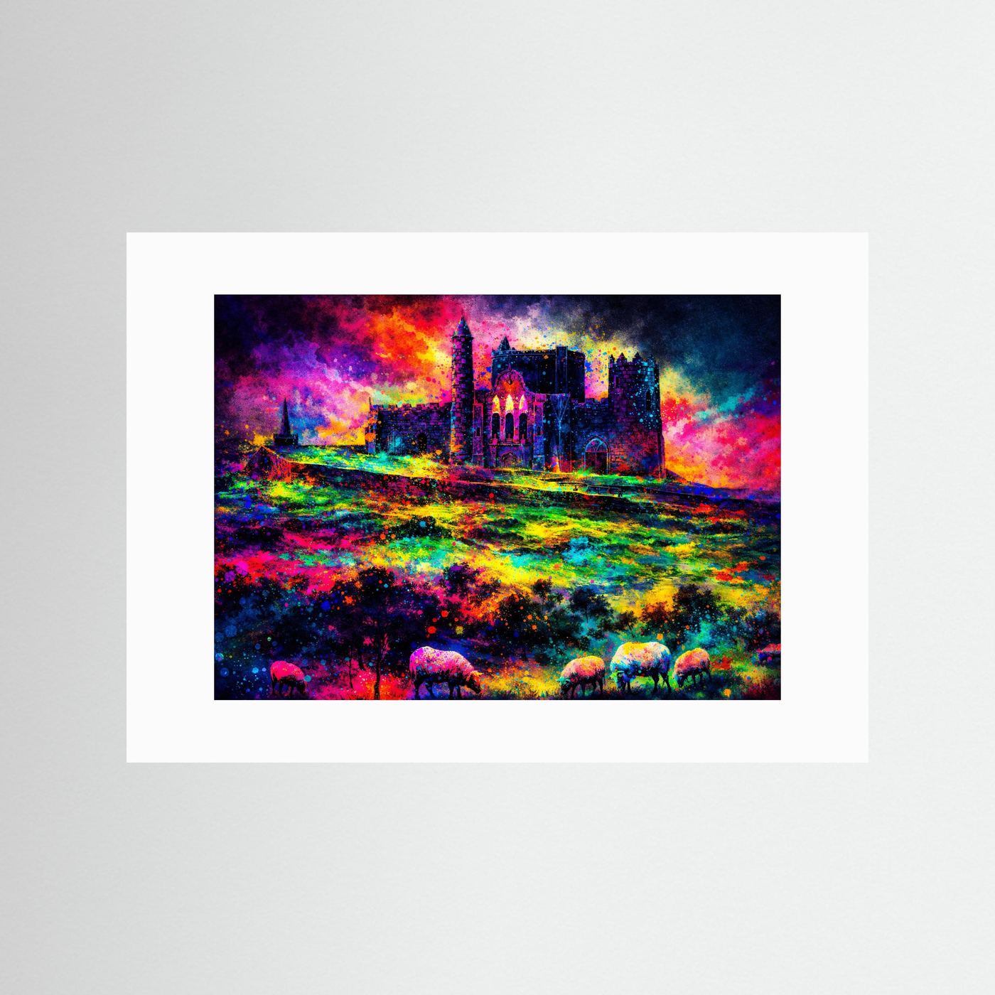 Farbgewaltige Irische Burg mit Schafen | Irland Festung & Natur Poster Querformat