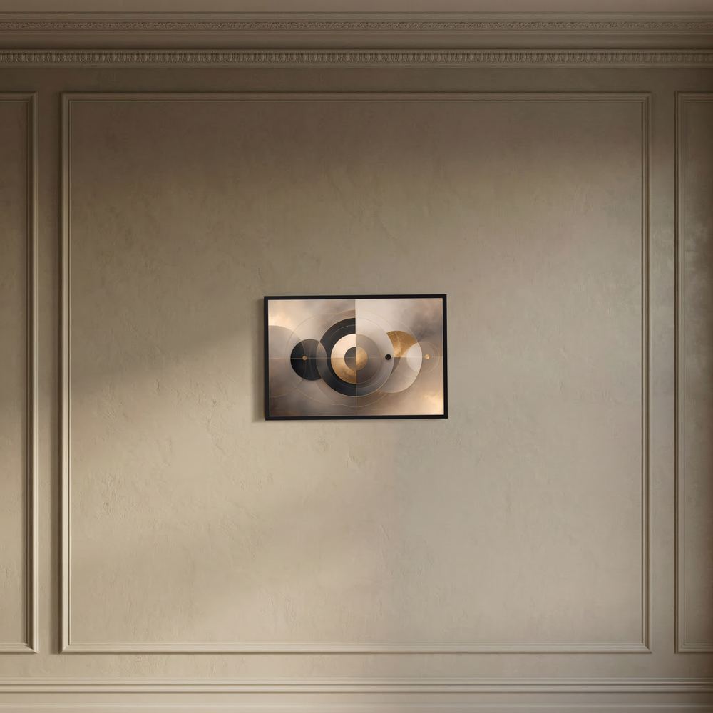 Gerahmtes Poster mit abstrakten Kreisen in Beige, Gold und Schwarz, schwarzer Rahmen