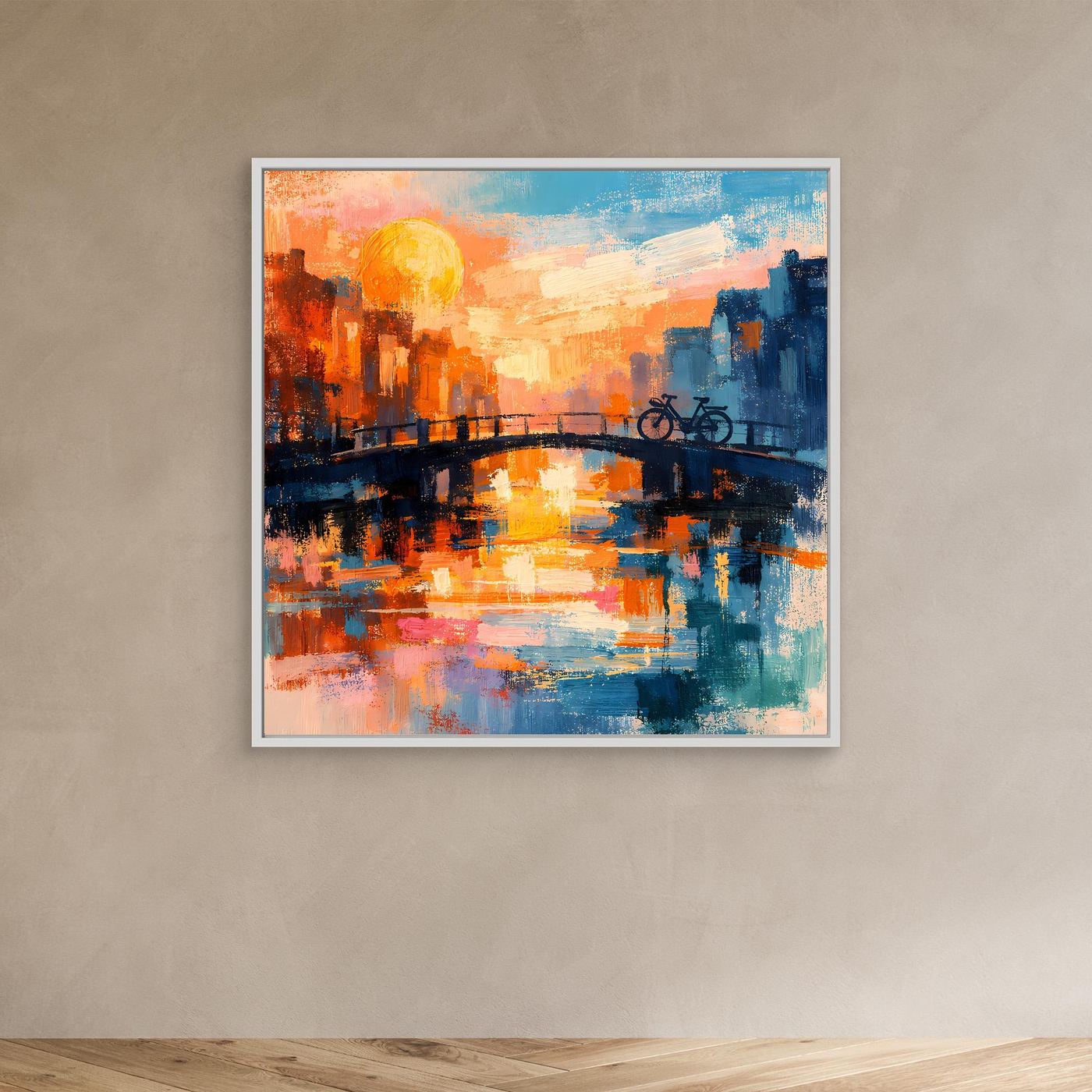 Leinwand Abstraktes Amsterdam Gemälde | Modernes Romantisches Grachten Wandbild mit Fahrrad