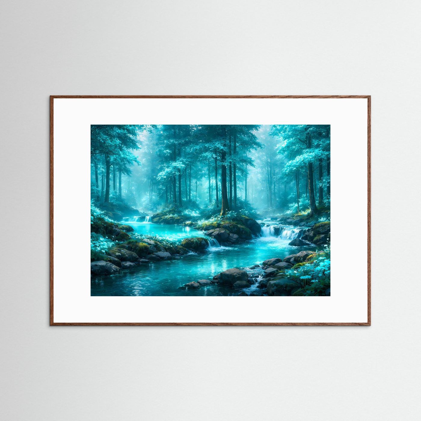 Wandbild mit Waldfluss-Fotografie: türkisfarbenes Wasser, grüner Wald, brauner Holzrahmen