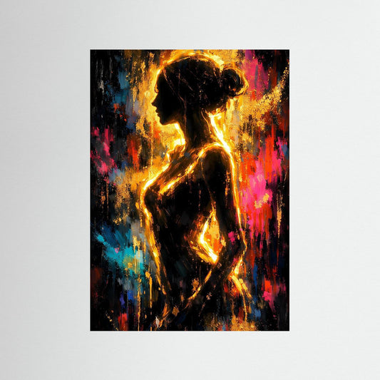Abstraktes Kunstposter mit goldener Frauen-Silhouette und buntem Spritzbild im Hochformat