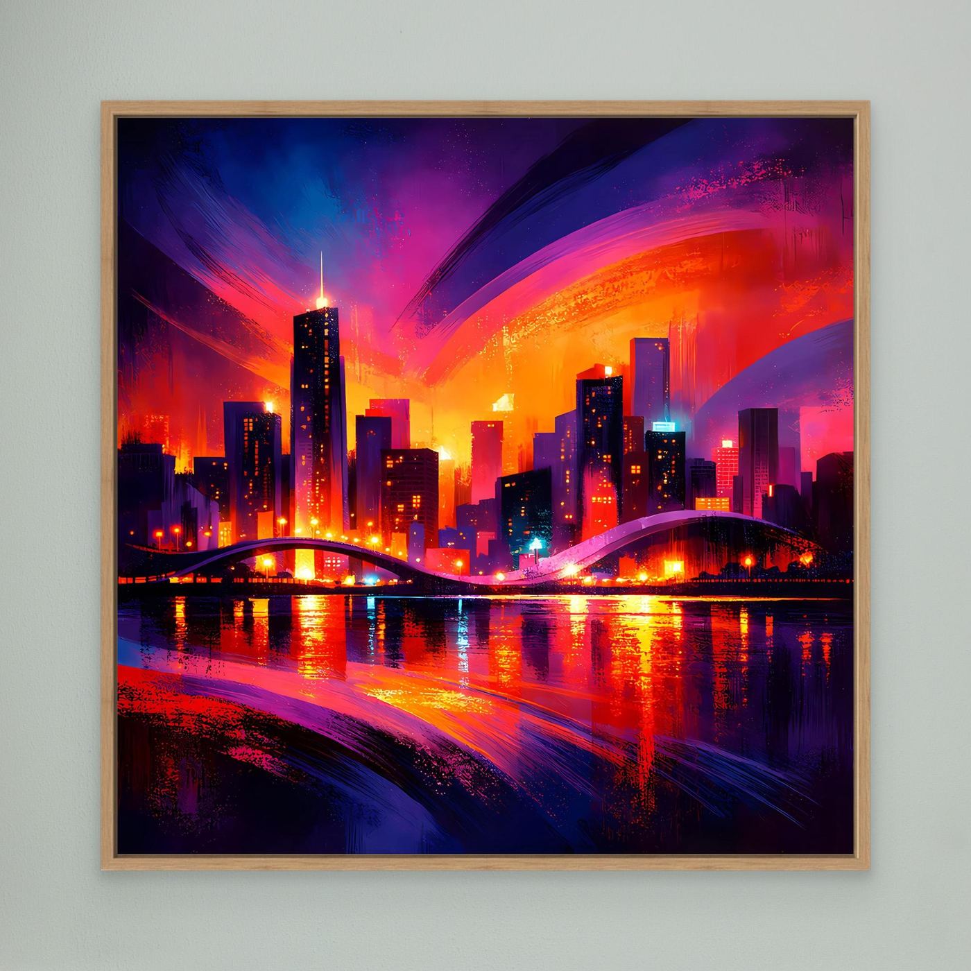 Wandbild auf Leinwand: Neon-Großstadt-Skyline bei Nacht im Eichenrahmen