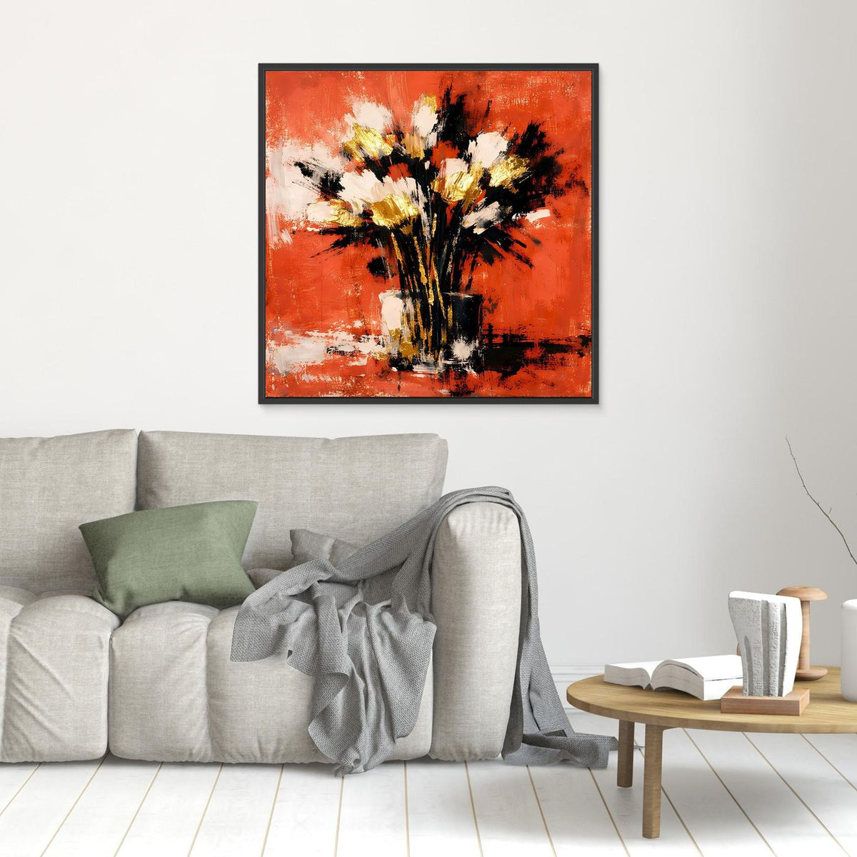 Wandbild mit abstraktem Blumenstrauß, terrakottafarbener Hintergrund, schwarze, weiße und goldene Akzente, schwarz gerahmt