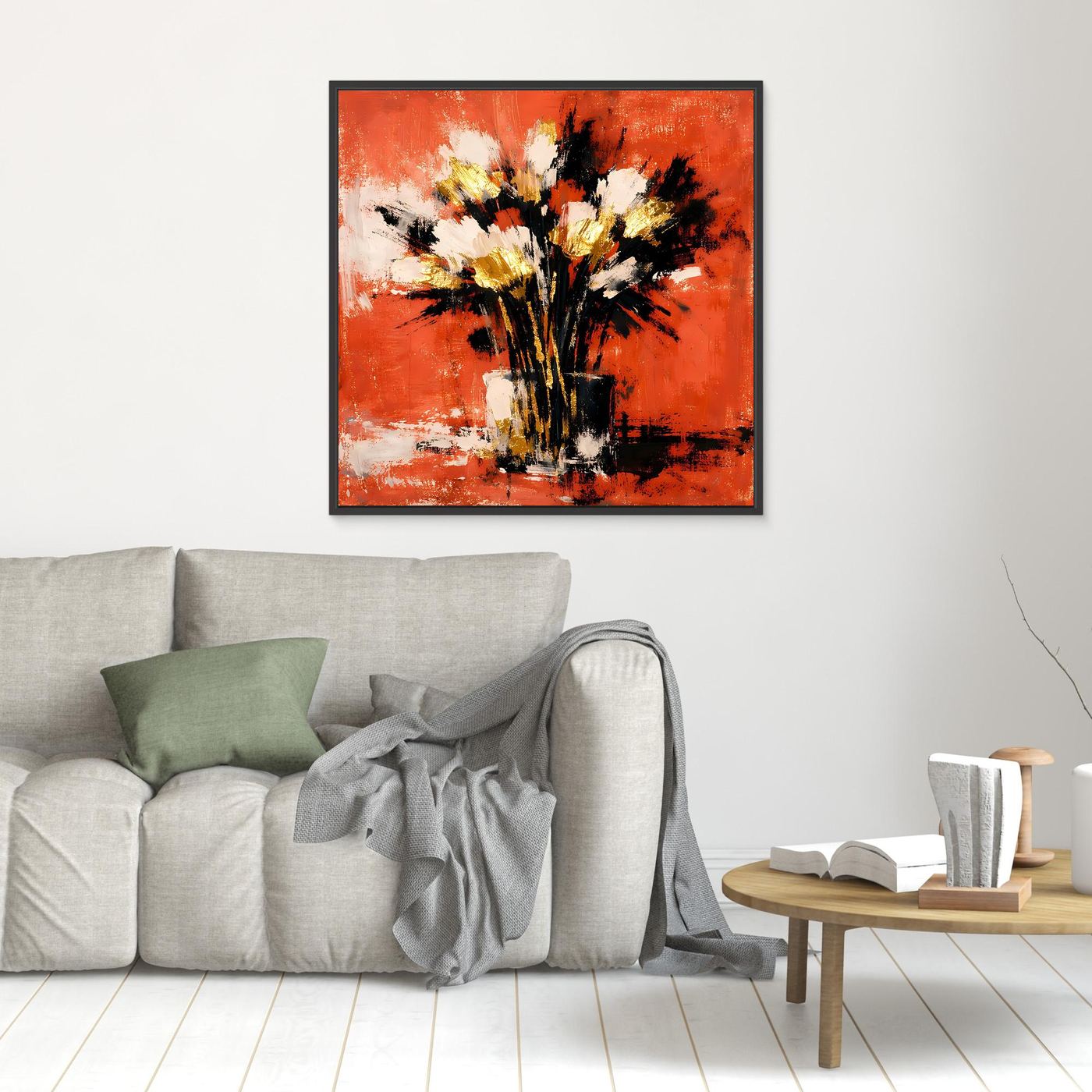 Wandbild mit abstraktem Blumenstrauß, terrakottafarbener Hintergrund, schwarze, weiße und goldene Akzente, schwarz gerahmt