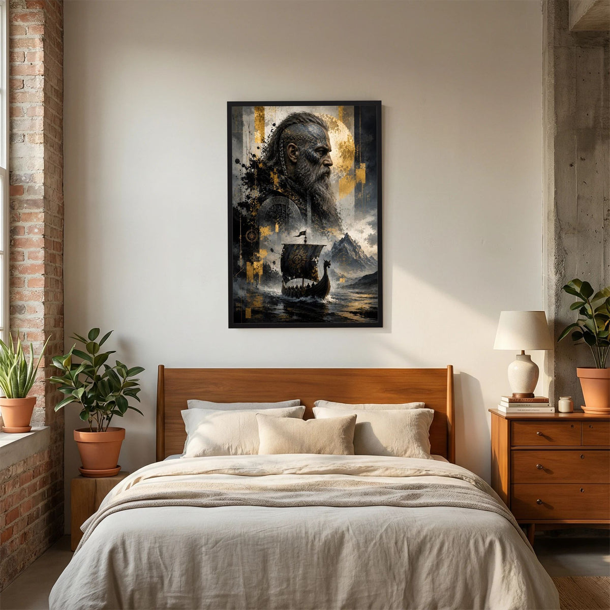 Kunstposter im Hochformat: Wikingerkopf im Profil mit Wikingerschiff, gold-schwarz, schwarzer Rahmen.